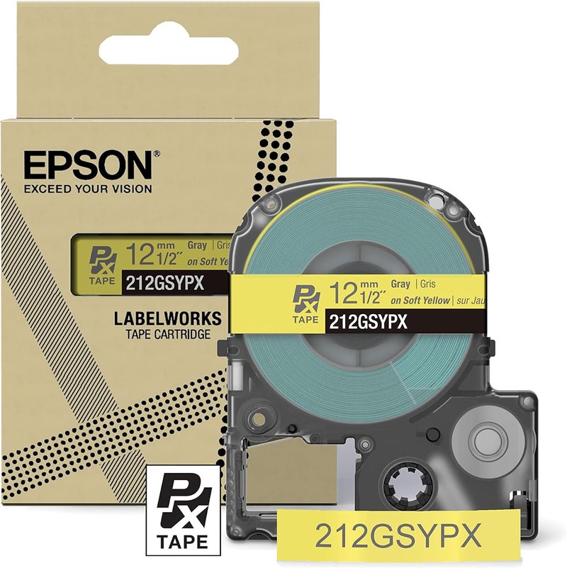 LABELWORKS Epson 212GSYPX Genuine PET (Polyester) Tape Cartridge - Gray on Soft Yellow Designer Craft Label Maker Tape - 1/2" (12MM) Wide, 26' - Image 1